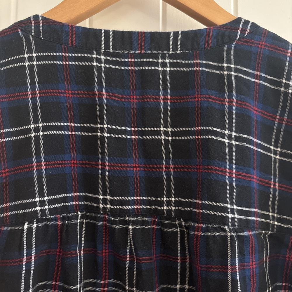 LOFT Plaid Flannel Peasant Blouse Small Navy Red Check Long Sleeve Holiday Top - Picture 5 of 6